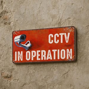 Stylish Red CCTV in Operation Metal Sign 15x30 cm – Modern Video Surveillance Sign, Security Wall Art, Multilingual Design