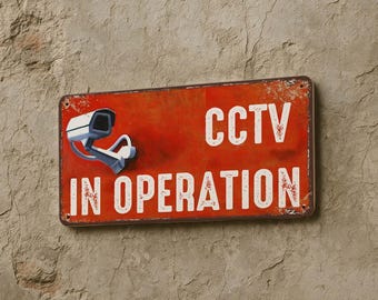 Elegante letrero metálico rojo de CCTV en funcionamiento, 15 x 30 cm – Señal moderna de videovigilancia, decoración mural de seguridad, diseño multilingüe