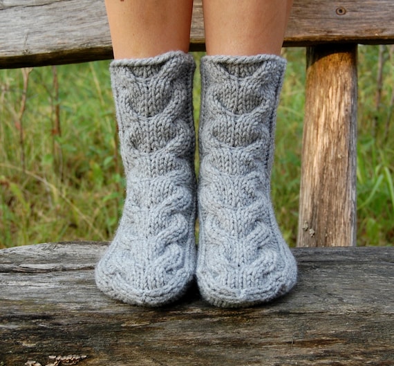 Slipper Socks, Knit Chunky Slipper Socks, Cable Knit Slipper