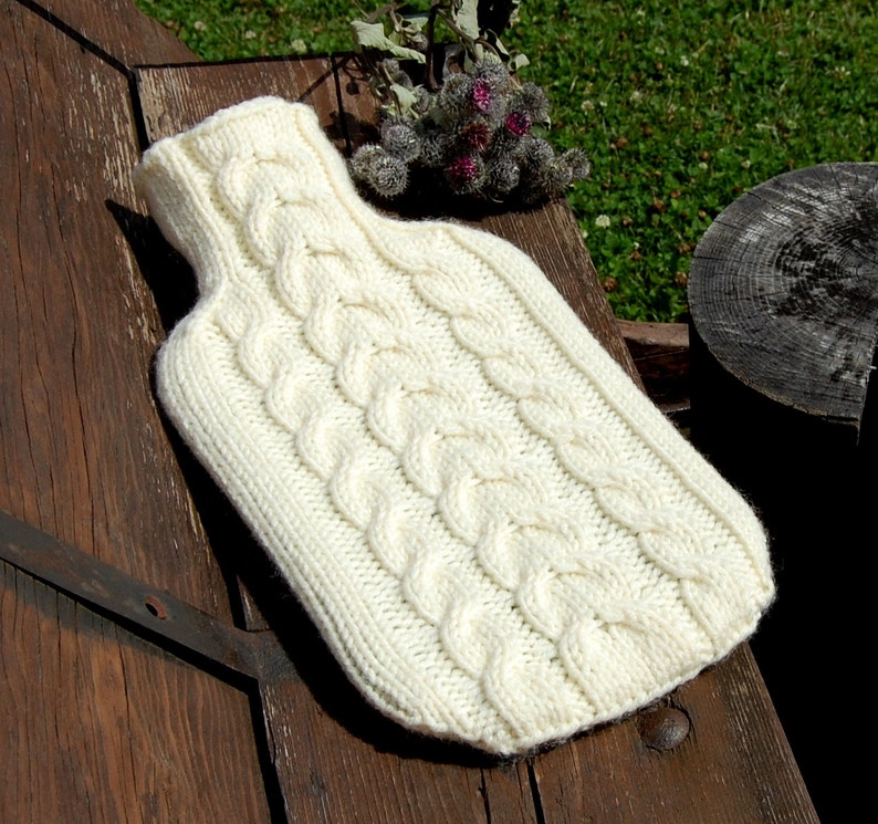 Hand knitted hot water bottle cover cosy/ cozy with cable Etsy