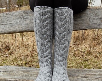 Hand Knit Wool Slipper Socks Knit Knee Socks Cable Knit Slipper