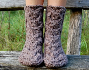 Hand Knit Chunky Slipper Socks, Cable Knit Slipper Socks, Knit Booties, Socks for sleep, Wool socks for home, Christmas present