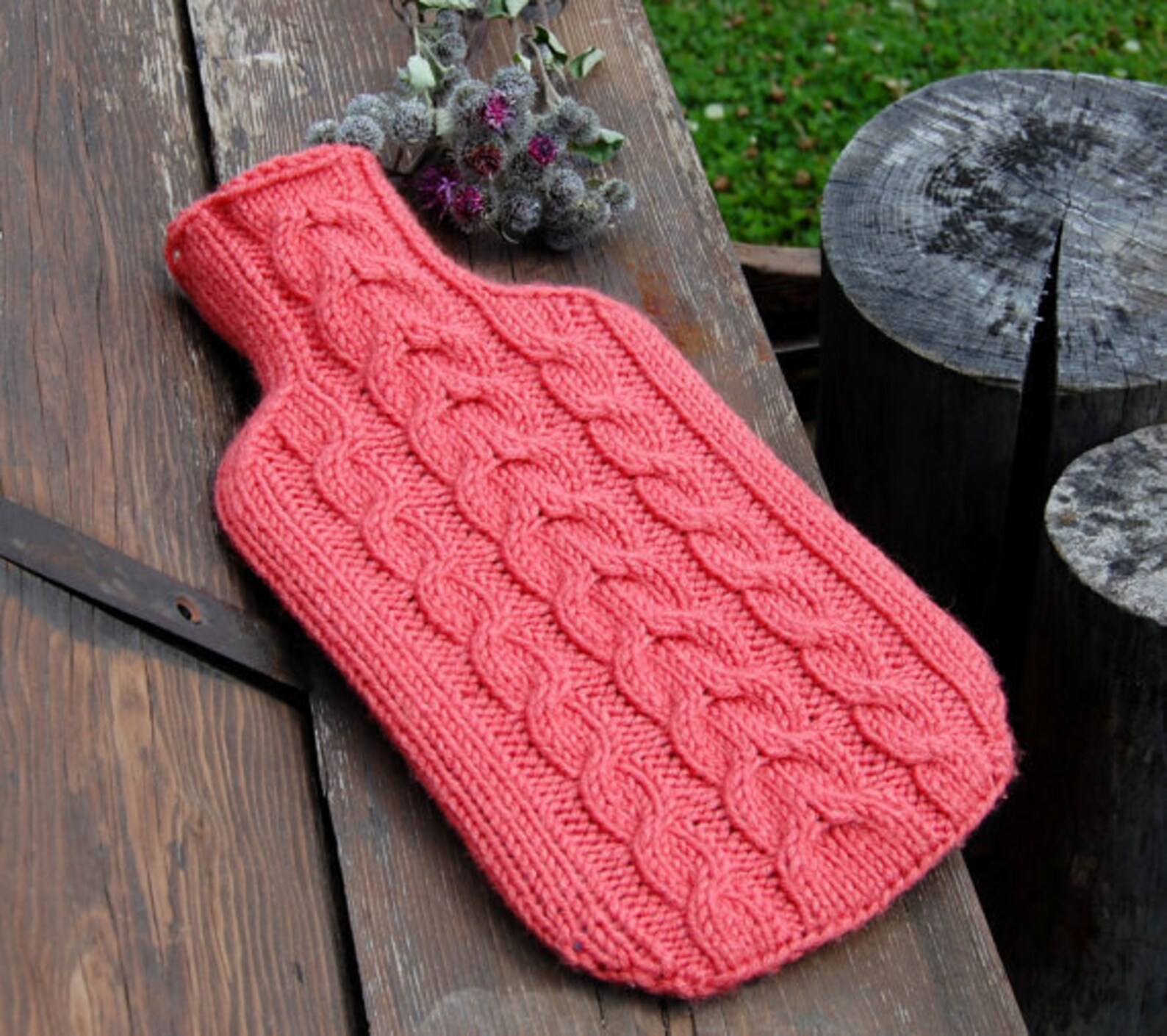 Hand Knitted Hot Water Bottle Cover Cosy/ Cozy With Cable Etsy