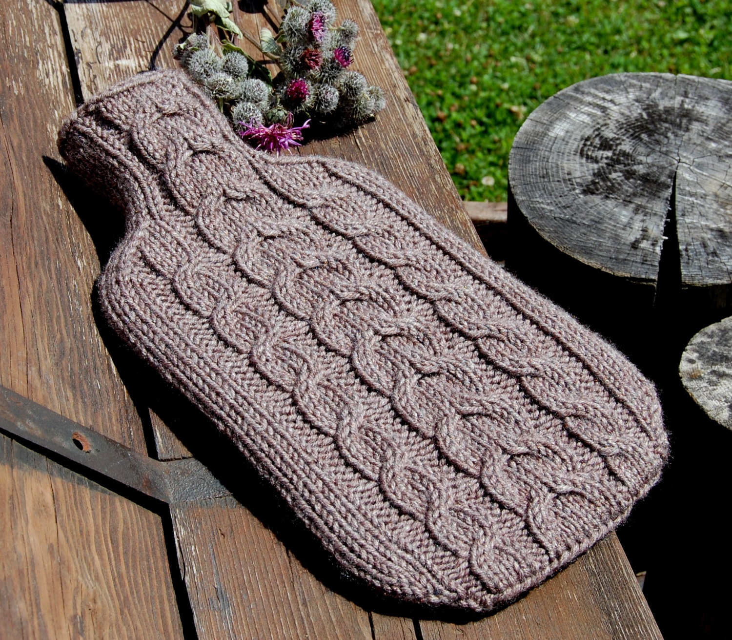 Hand knitted hot water bottle cover cosy/ cozy with cable Etsy