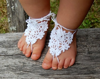 Crochet Baby Girls Barefoot Sandals, Flower Girls Anklet,  Baptism Shoes, Newborn Foot Jewelry