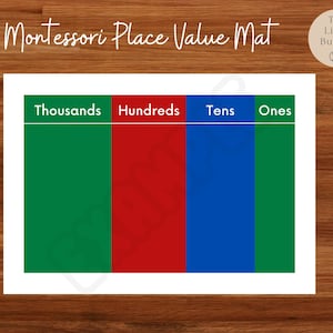 Estera Montessori imprimible con valor posicional, estera Montessori, estera Montessori con cuentas doradas, estera Montessori con sellos, materiales Montessori imprimibles