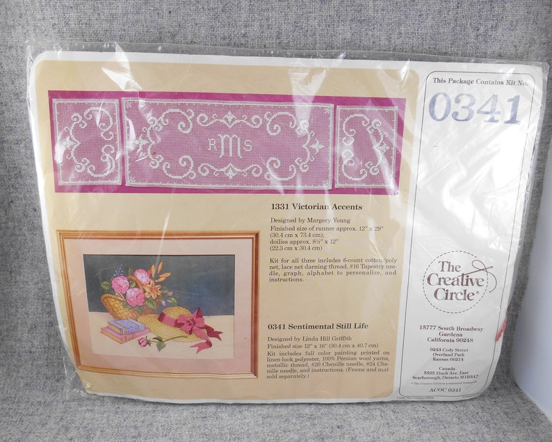 Crewel Needlework Sentimental Still Life Kit Creative Circle 0341 Victorian flowers summer hat with bow designed by Linda Hill Griffith