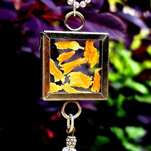 Vibrant Yellow Flower Petal Necklace in Glass, Botanical Jewelry, Wildflower Jewelry, Gift for Her, Square Pendant, Jewelry for Women