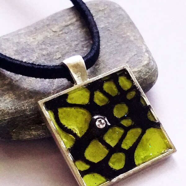 Square Silver Plated Bezel Necklace Green and Black Lace Contemporary Jewelry