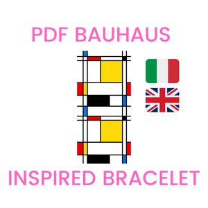 以下が含まれることがあります： バウハウス運動にインスパイアされた白黒の幾何学模様。デザインは赤、黄、青、黒の正方形と長方形で構成されています。デザインは白い枠で囲まれています。デザインの下には「PDF Bauhaus Inspired Bracelet」というテキストが書かれています。画像には、イタリアとイギリスの国旗も含まれています。