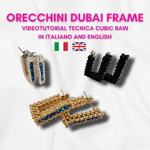 May include: Three pairs of beaded earrings in gold, silver, and black. Each pair features a rectangular frame with blue beads. The earrings are labeled "Orecchini Dubai Frame Videotutorial Tecnica Cubic Raw In Italiano And English".