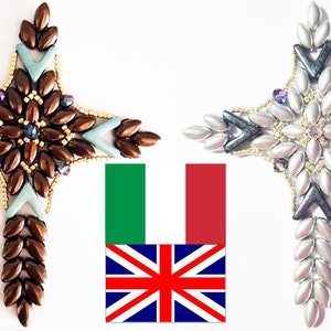 May include: Two beaded crosses, one brown with blue and gold accents, and one silver with black and gold accents. The crosses are displayed against a white background with the Italian and British flags.
