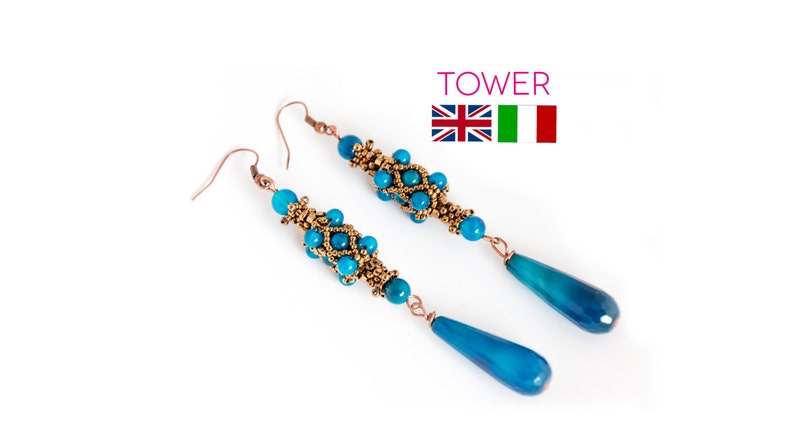 May include: A pair of long, dangle earrings with blue agate teardrop stones and gold-toned beads. The earrings are made with copper wire and have a delicate, intricate design.