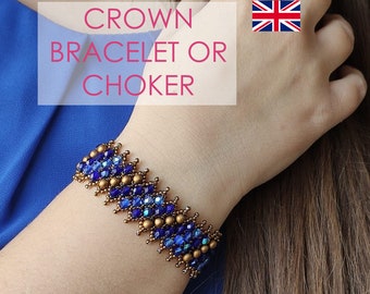 ENGLISH PDF Netted Crown Bracelet or Choker Pattern Tutorial with netted technique and fire polished beads and pearls