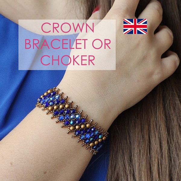 ENGLISH PDF Netted Crown Bracelet or Choker Pattern Tutorial with netted technique and fire polished beads and pearls