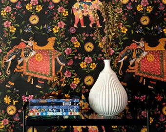 Dramatic elephant wallpaper - European designer wallpaper /wallcovering panel- feature wall - India elephants flowers exotic black wallpaper