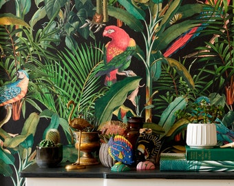 Tropical wallpaper - rainforest jungle parrots - feature wall - tropical forest wallpaper - exotic birds palm leaf leaves jungle green