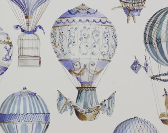 Hot Air Balloons wallpaper - Manuel Canovas Paris L'Envol Ciel - French designer wallpaper - feature wall - blue vintage balloon wallpaper