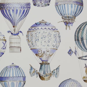 Hot Air Balloons wallpaper - Manuel Canovas Paris L&#39;Envol Ciel - French designer wallpaper - feature wall - blue vintage balloon wallpaper