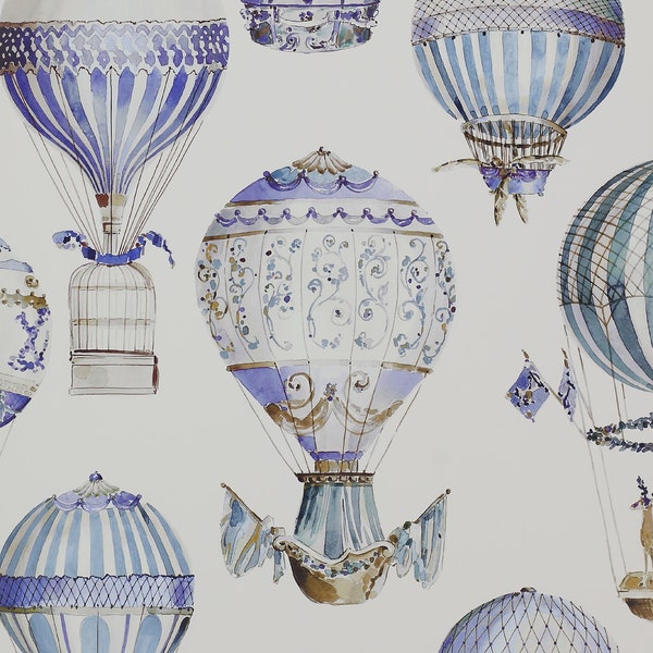 Hot Air Balloons wallpaper - Manuel Canovas Paris L'Envol Ciel - French designer wallpaper - feature wall - blue vintage balloon wallpaper