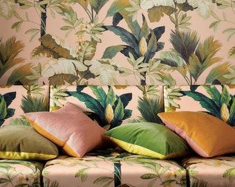 Palm Tree wallpaper - Tropical Jungle wallpaper - exotic blush green Palm Springs palm leaves leaf - French designer wallpaper -feature wall