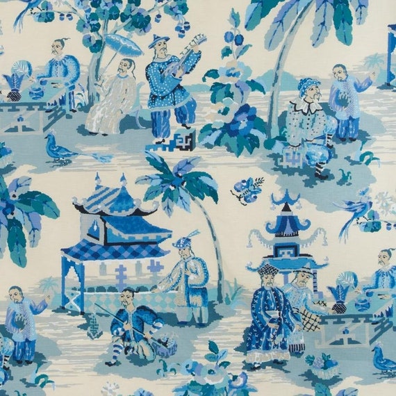Blue chinoiserie fabric 5.5 yards Brunschwig Fils Xian Linen | Etsy