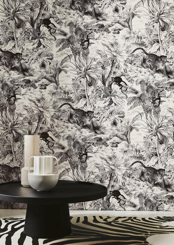 Black White Jungle Safari Toile De Jouy Fabric