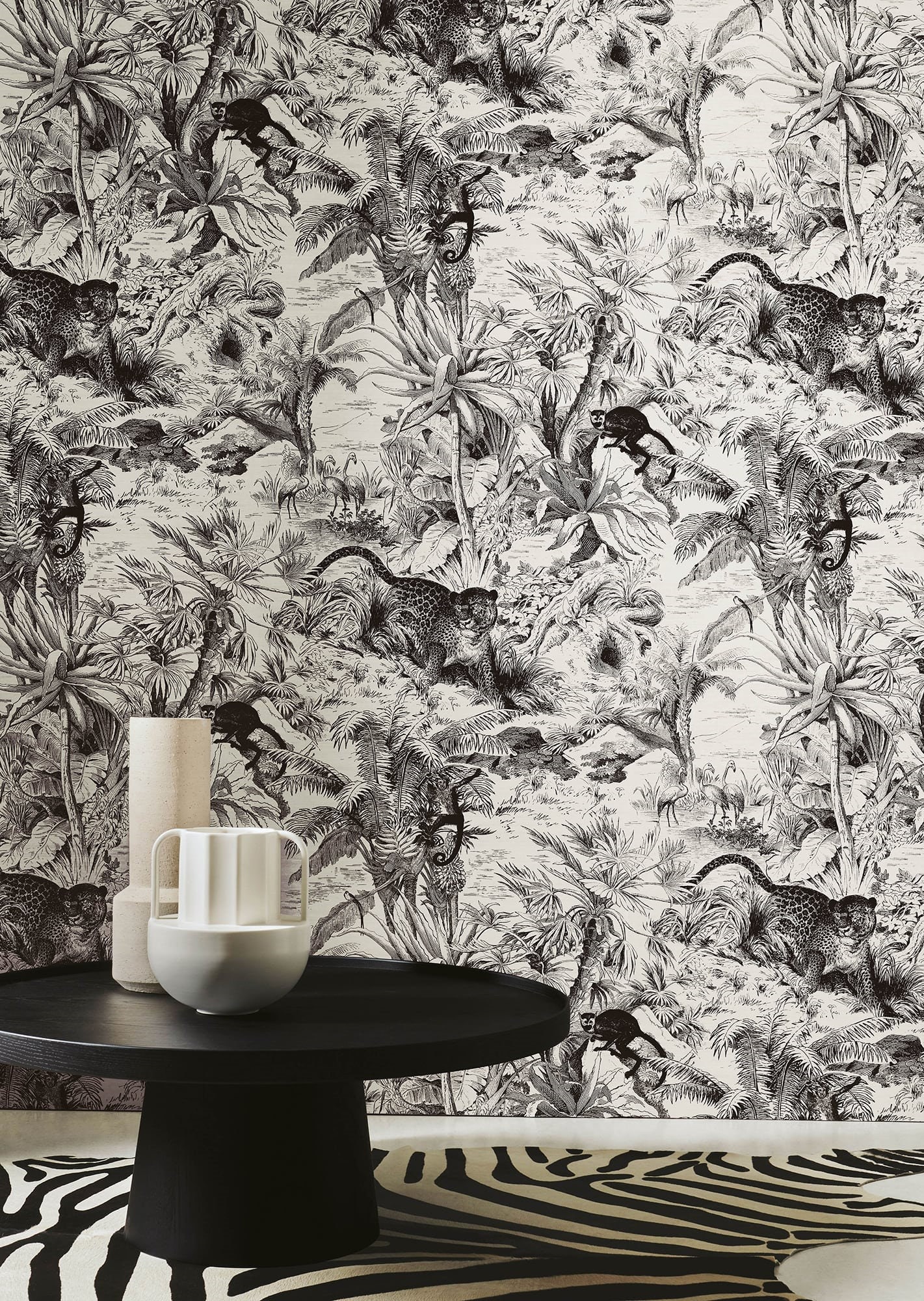 Tropical Jungle Wallpaper Black White Toile De Jouy Exotic - Etsy Australia