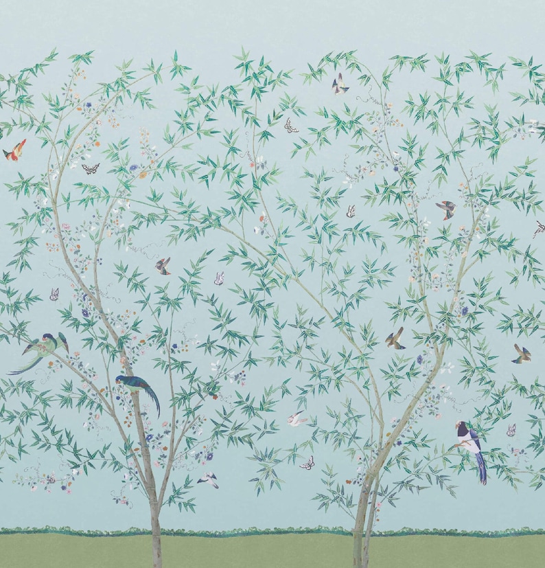 Chinoiserie wallpaper panel / wallcovering chinoiserie mural feature wall chinoiserie bamboo leaves birds oriental wallpaper image 1