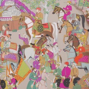 Colorful Indian horsemen riders wallpaper - Manuel Canovas Paris Dara wallpaper - equestrian scenic wallpaper - Mughal Mogul Empire design