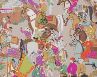 Colorful Indian horsemen riders wallpaper - Manuel Canovas Paris Dara wallpaper - equestrian scenic wallpaper - Mughal Mogul Empire design