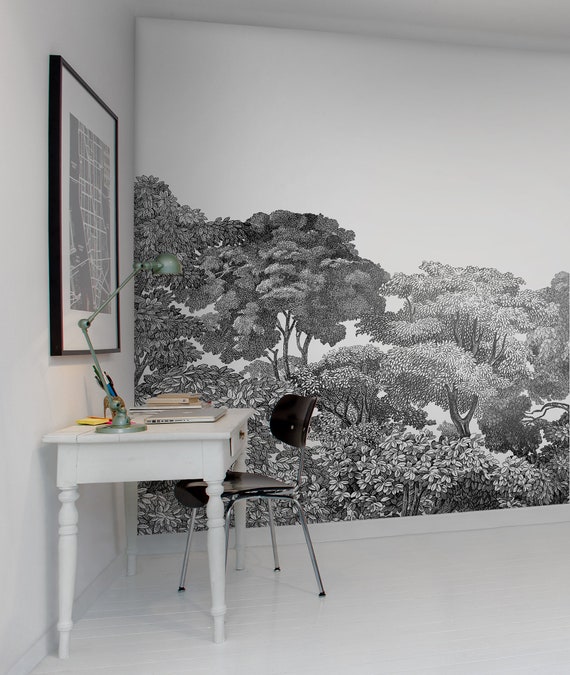 Large Scale Forest Mural Black White Forest Trees Leaves - Etsy UK Large Scale Forest Mural Black White Forest Trees Leaves - Etsy UK
