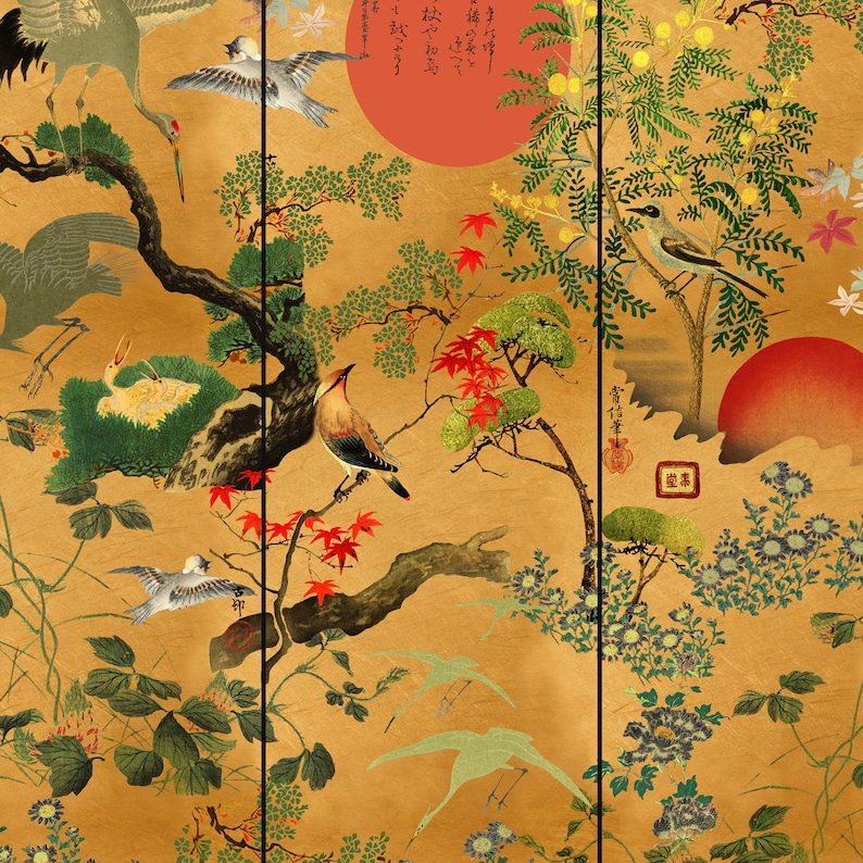 May include: A Japanese-style painting depicting a gold background with various birds, flowers, and trees. The painting features a red sun, a blue bird, and a white bird. The painting is framed in a black frame.