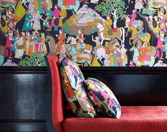 Colorful Indian horsemen riders wallpaper - Manuel Canovas Paris Dara wallpaper - equestrian scenic wallpaper - Mughal Mogul Empire design