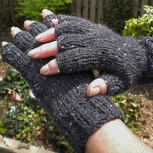 Half Finger Gloves Ladies&#39; Hand Knit Black Merino Wool, Alpaca & Donegal Tweed Gloves With Short Fingers