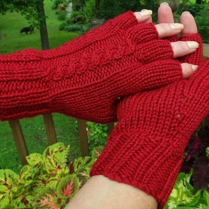 Half Finger Gloves Ladies' Hand Knit Red Cabled Merino Wool & Silk Gloves With Short Fingers image 1