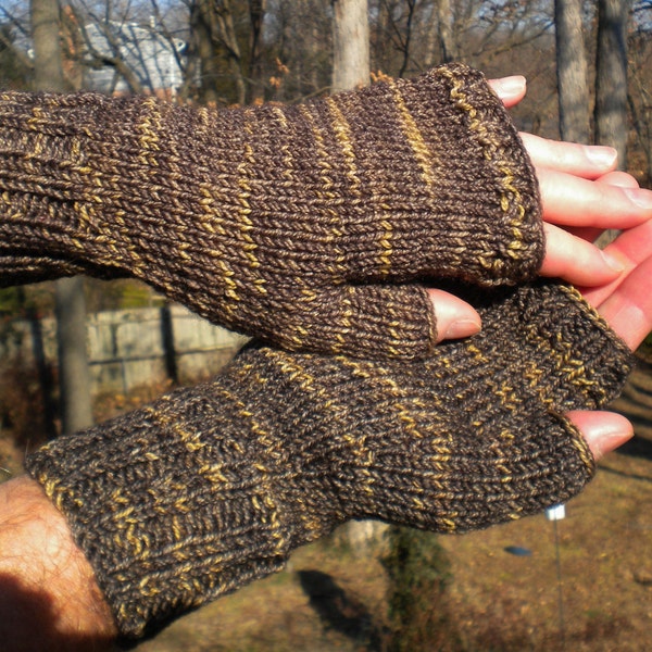 Fingerless Gloves Men's Handknit Brown Hand-Painted Fine Highland Wool & Nylon Fingerless Texting Gloves Brown Men's Gloves Hand Warmers