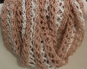 Cowl Hand Knit White and Tan Spring Summer Cotton & Linen Infinity Scarf Lacy Circle Scarf Cowl
