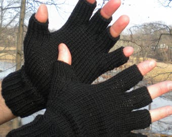 Half Finger Gloves Men's Hand Knit Black Merino Wool Gloves With Short Fingers