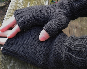 Fingerless Gloves Men's Hand Knit Black Merino Wool & Mohair Gloves With No Fingers