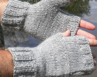 Fingerless Gloves Men's Hand Knit Light Gray Merino Wool & Mohair Gloves With No Fingers