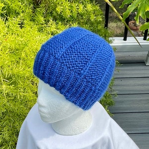 Hat Hand Knit Blue Bulky Baby Alpaca & Merino Wool Ladies&#39; Beanie Watch Cap