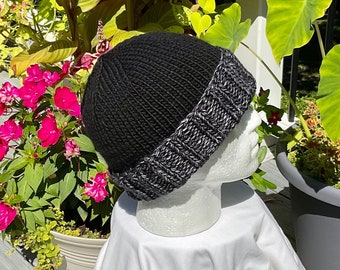 Hat Hand Knit Men's DOUBLE BRIM Black & Variegated Bulky Merino Wool Beanie Watch Cap