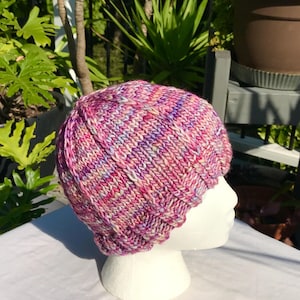 Hat Hand Knit Pink Multi Kettle-Dyed Bulky Merino Wool Ladies&#39; Beanie Watch Cap Chemo Cap