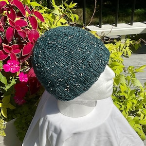 Hat Hand Knit Men&#39;s DOUBLE BRIM Teal Blue Merino Wool, Superfine Alpaca & Donegal Tweed Watch Cap Beanie