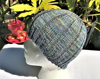 Hat Hand Knit Blue Hand=Dyed Merino Wool Ladies' Beanie Watch Cap