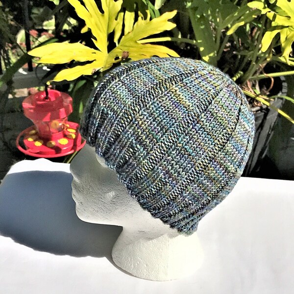 Hat Hand Knit Blue Hand=Dyed Merino Wool Ladies' Beanie Watch Cap