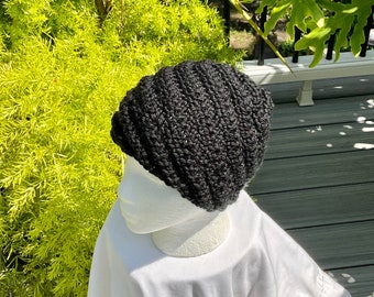 Hat Hand Knit Swirl Cap Ladies' Black Merino Wool Beanie Chemo Cap