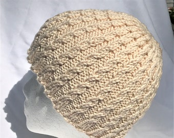 Chemo Cap Hand Knit Ladies' Cream Pima Cotton & Modal Beanie Hat