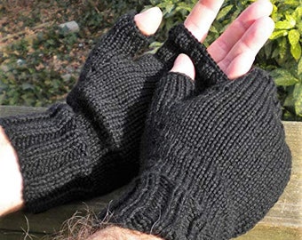 Fingerless Gloves Men's Hand Knit Black Merino Wool Gloves With No Fingers